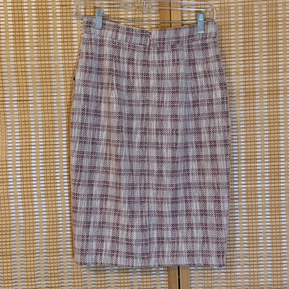 Kate Kasin Pink Plaid Tweed Pencil Skirt Pockets Medium High Waist Business Wear
